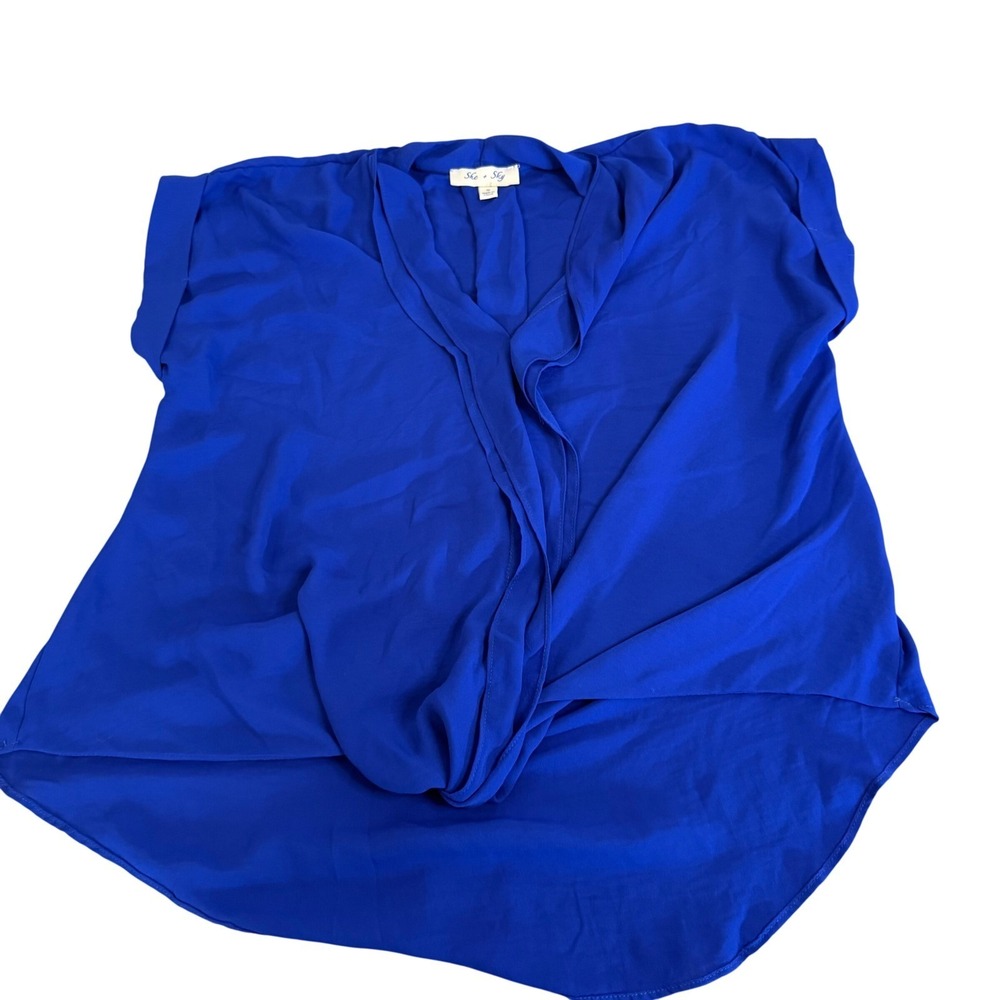 She + Sky Royal Blue Draped Surplice High Low Blouse Womens Small Cobalt V-Neck
